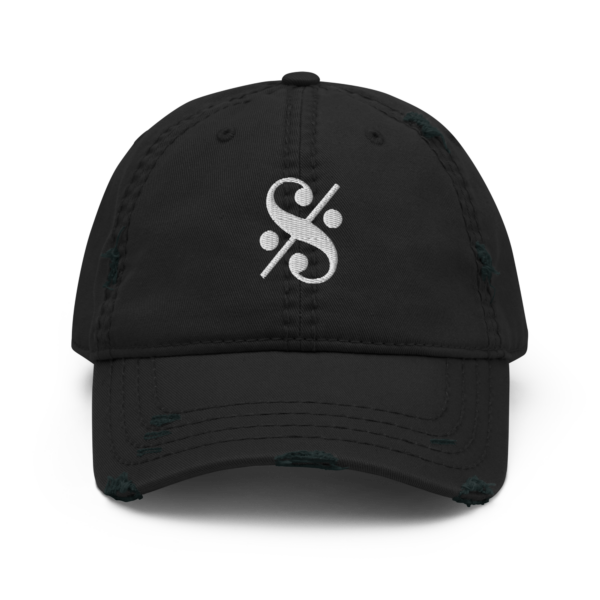 A distressed dad hat with a high-quality white embroidered Segno musical symbol.