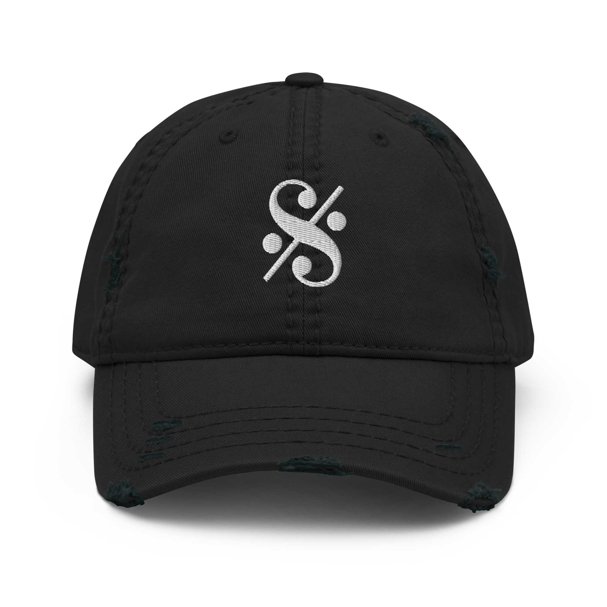 A distressed dad hat with a high-quality white embroidered Segno musical symbol.