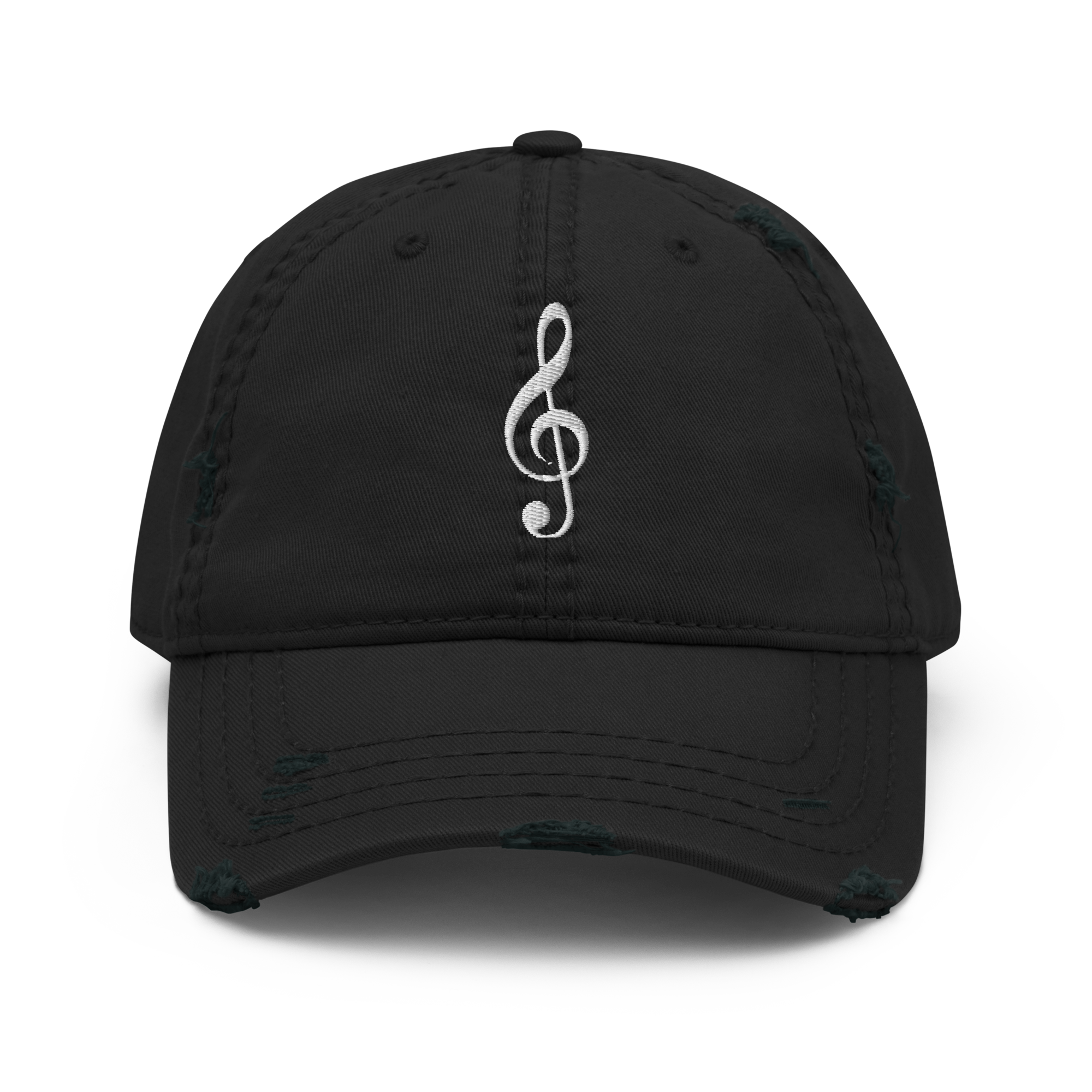 A vintage-style distressed dad hat featuring a white embroidered Treble Clef musical symbol.