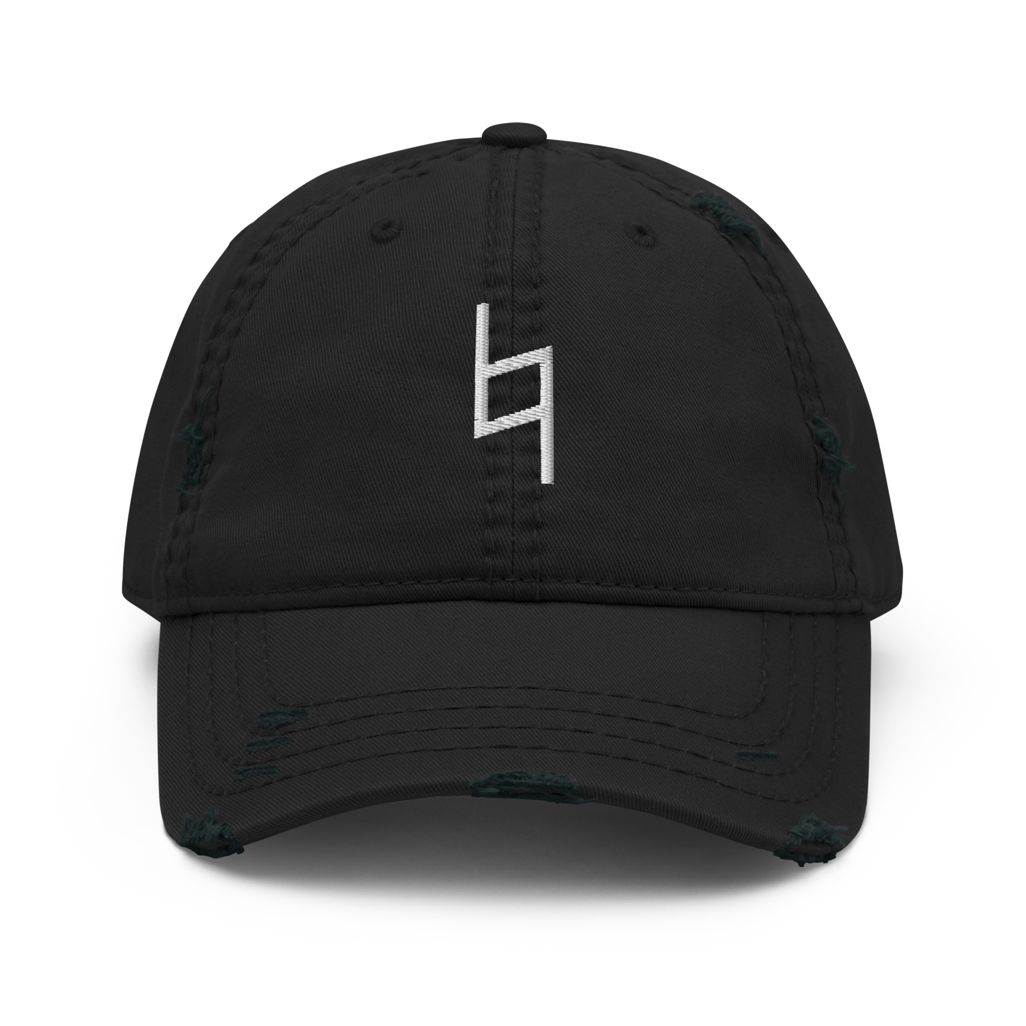 A distressed black dad hat with a white embroidered Natural Sign musical symbol on the front.
