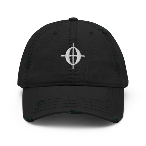 A black distressed dad hat with a white embroidered Coda musical symbol on the front panel.