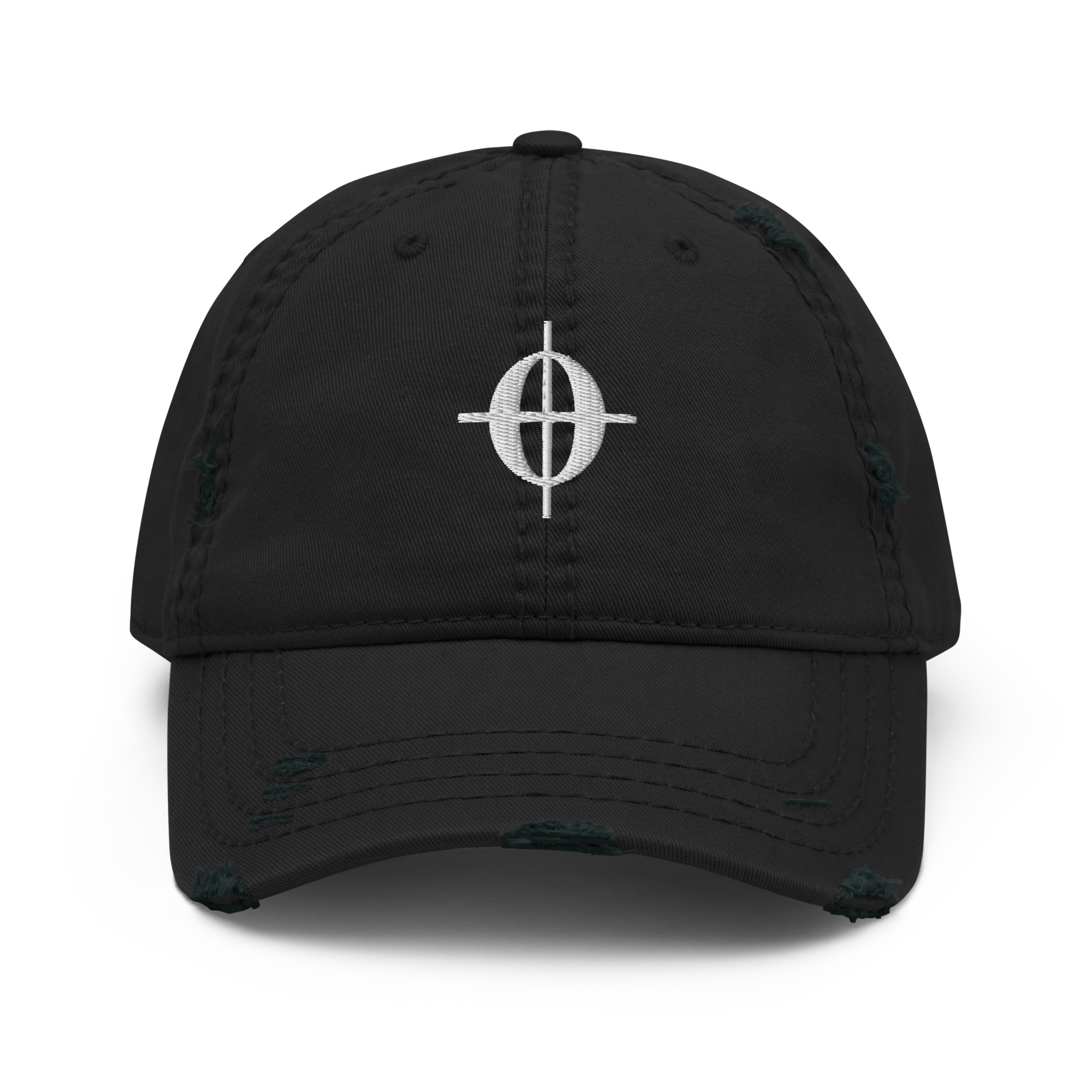 A black distressed dad hat with a white embroidered Coda musical symbol on the front panel.