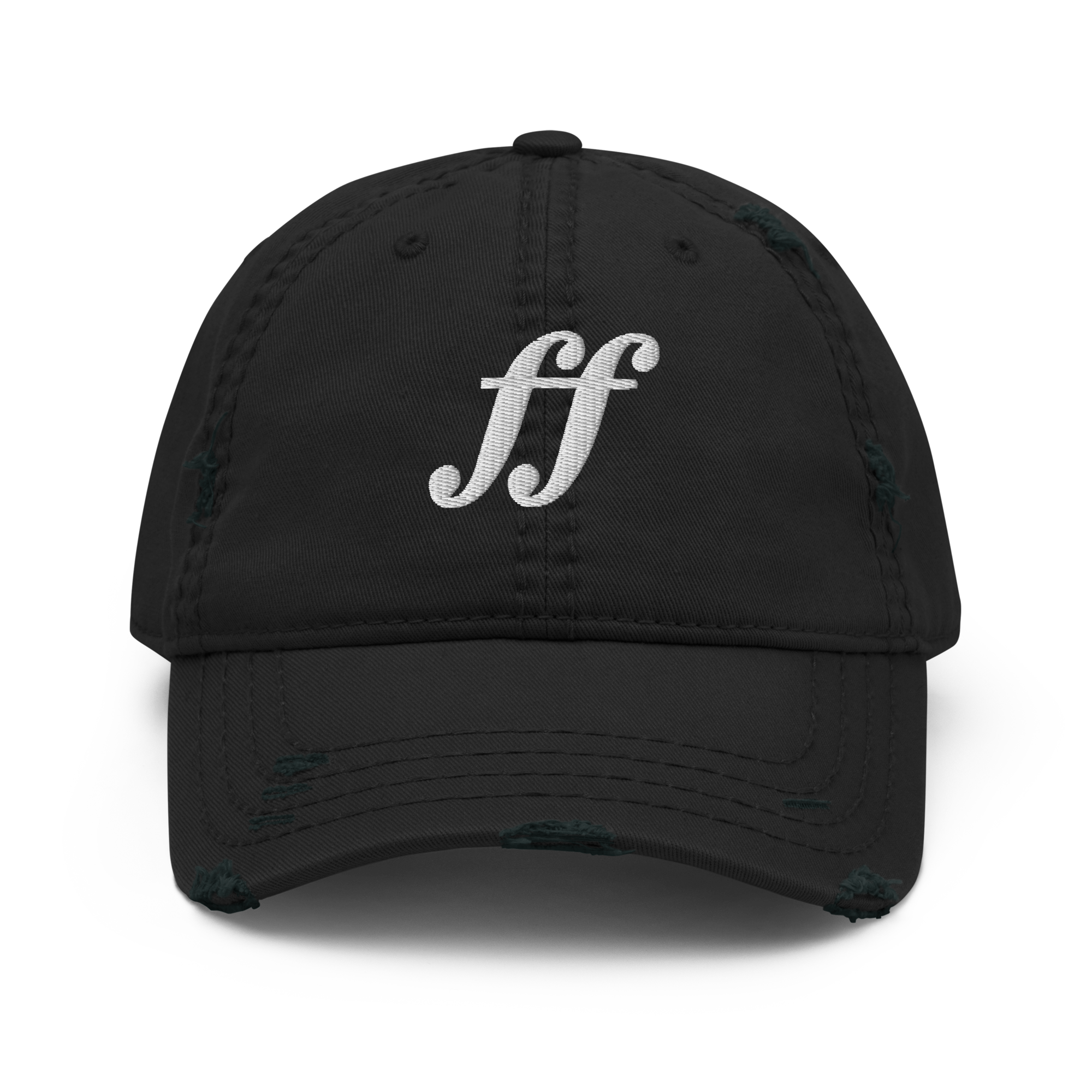 A black distressed dad hat with white embroidered Fortissimo musical symbols on the front.