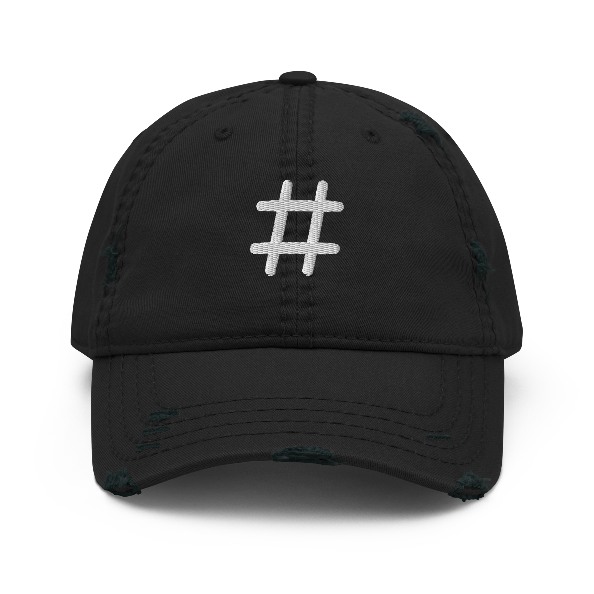 A distressed black dad hat with a white embroidered Sharp musical symbol on the front panel.