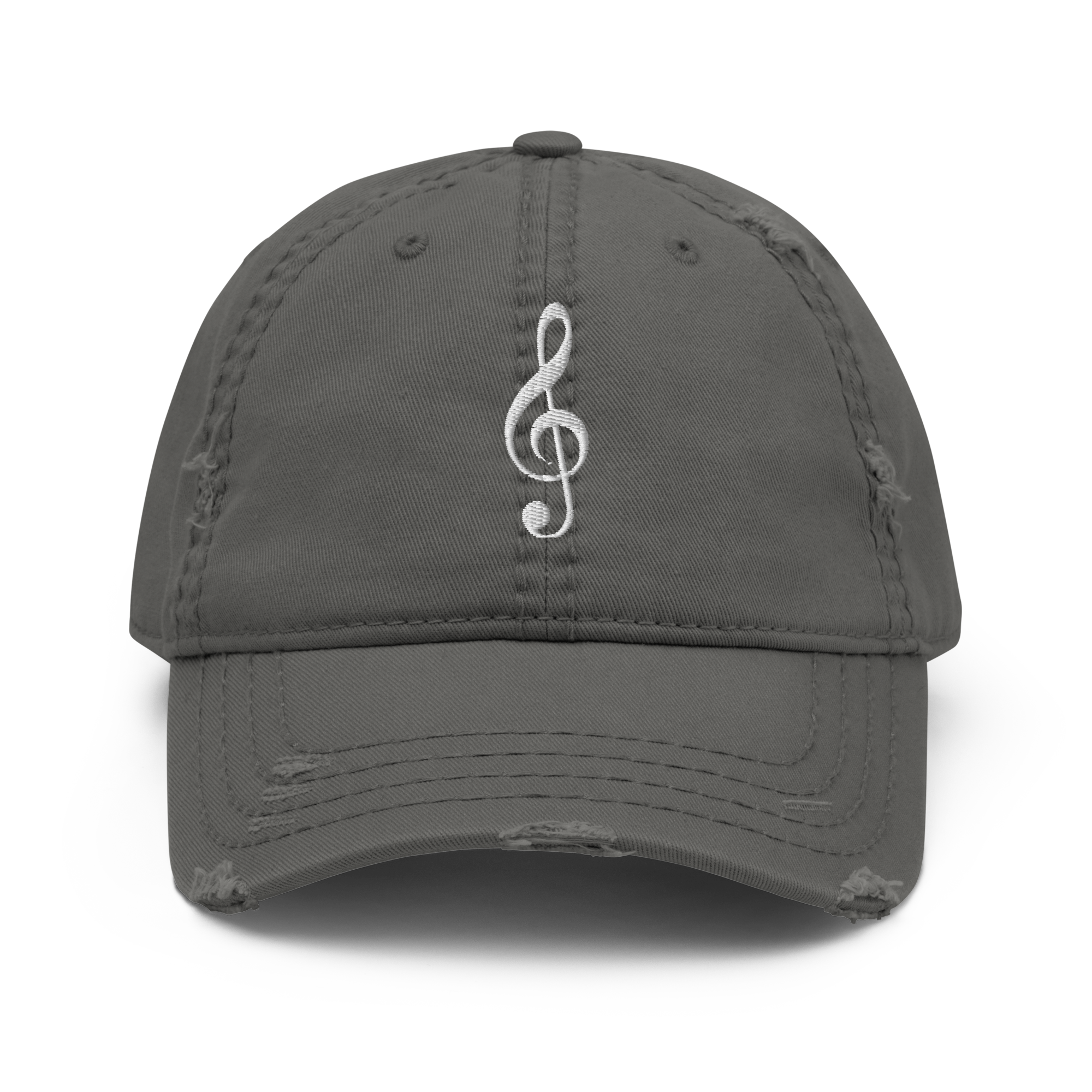 A vintage-style distressed dad hat featuring a white embroidered Treble Clef musical symbol.