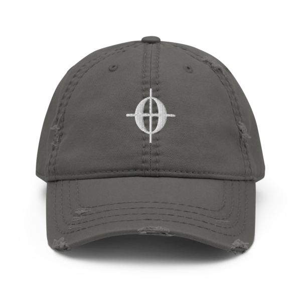 A black distressed dad hat with a white embroidered Coda musical symbol on the front panel.