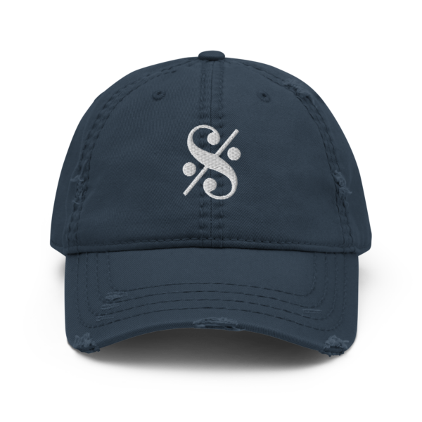 A distressed dad hat with a high-quality white embroidered Segno musical symbol.