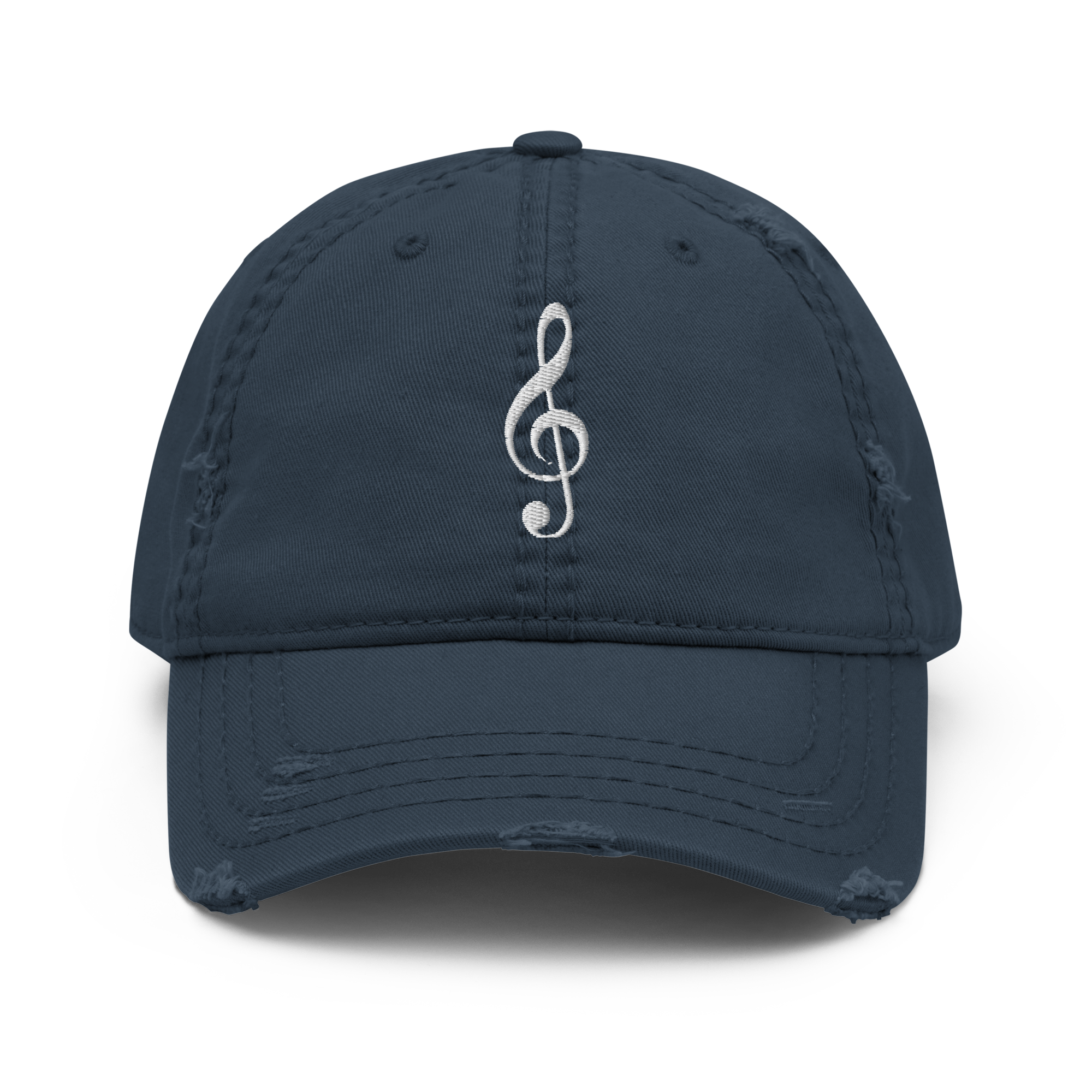 A vintage-style distressed dad hat featuring a white embroidered Treble Clef musical symbol.