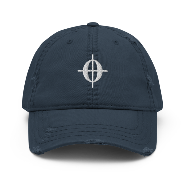 A black distressed dad hat with a white embroidered Coda musical symbol on the front panel.