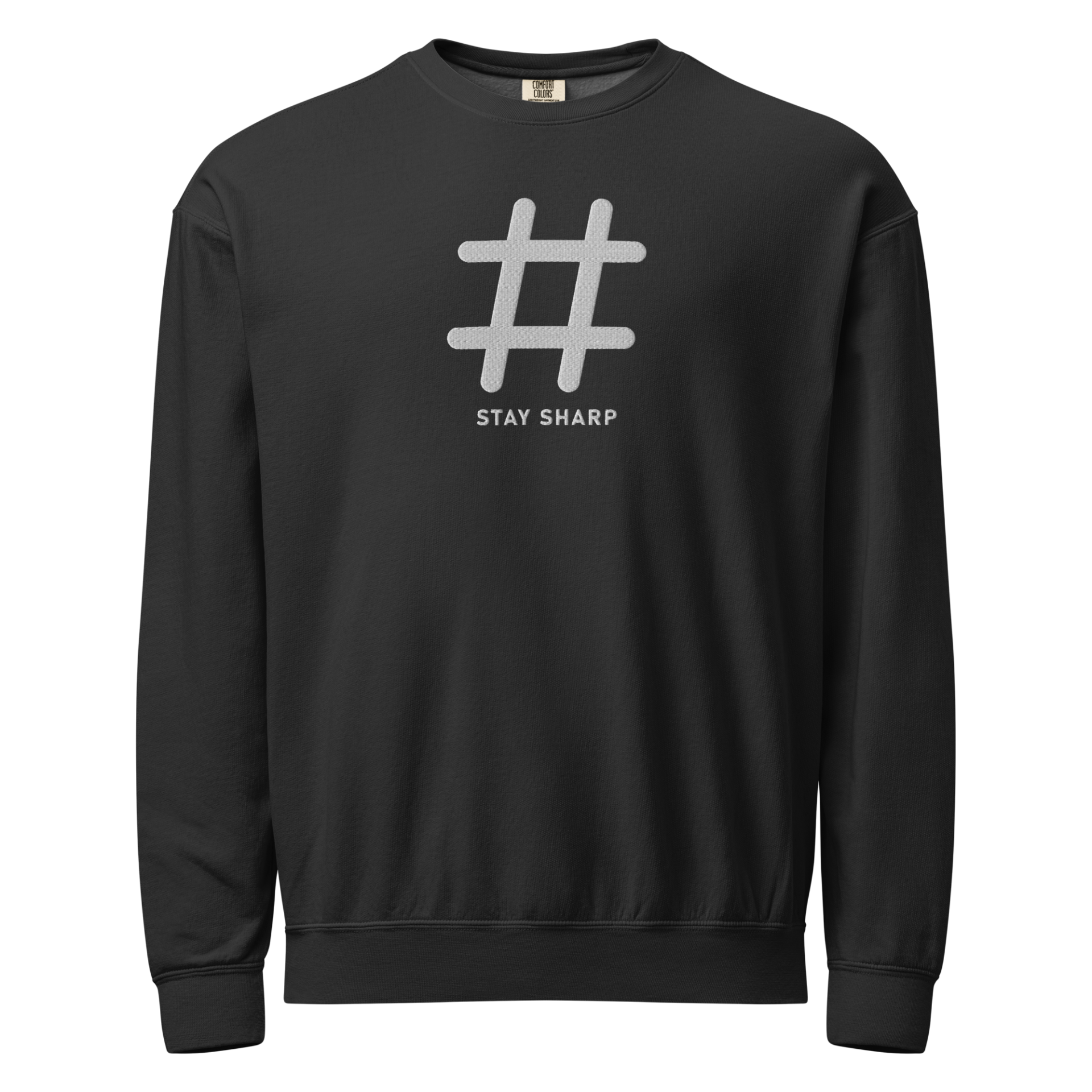 Sharp music symbol with "Stay Sharp" text on a vintage-wash garment-dyed fleece crewneck.