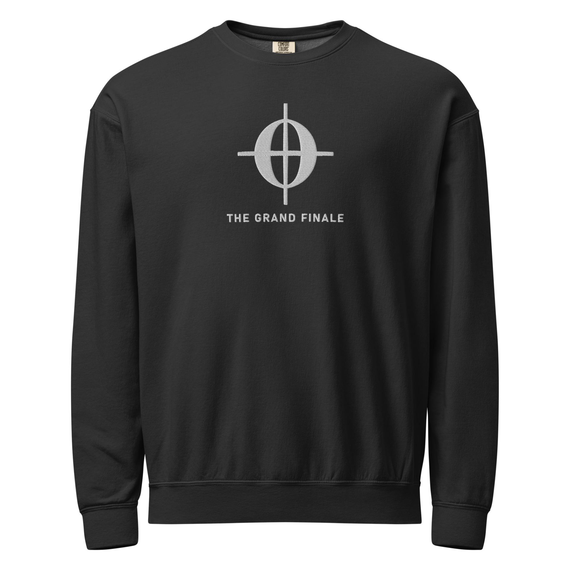 A circular Coda symbol with crosshairs and "The Grand Finale" text on a minimal sweatshirt.
