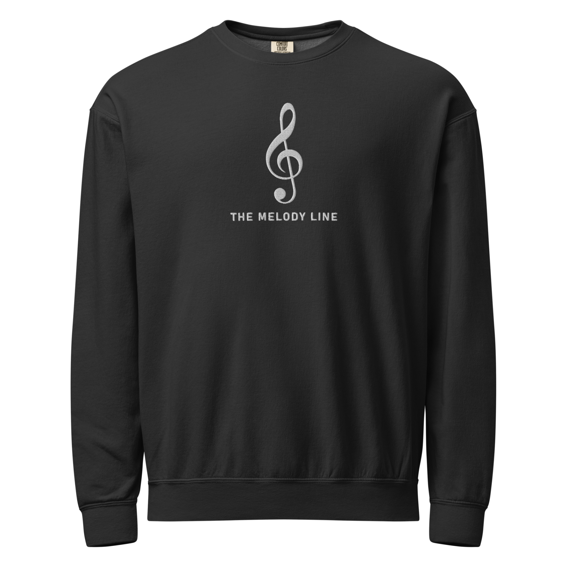 Elegant Treble Clef symbol with "The Melody Line" text on a premium minimal sweatshirt.