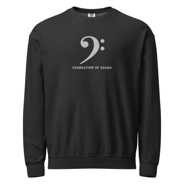 Bold Bass Clef symbol with "Foundation of Sound" text on a premium minimal sweatshirt.