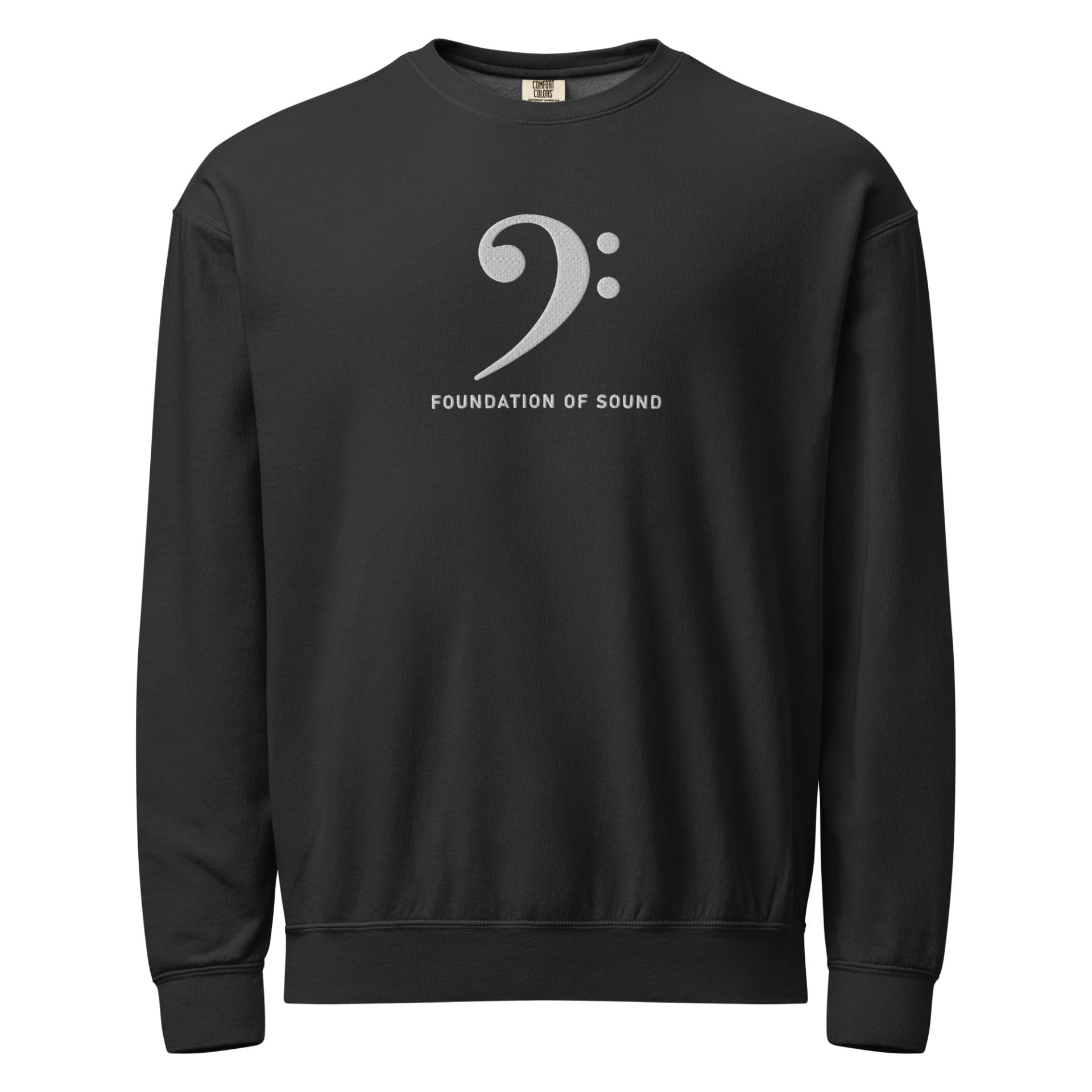 Bold Bass Clef symbol with "Foundation of Sound" text on a premium minimal sweatshirt.