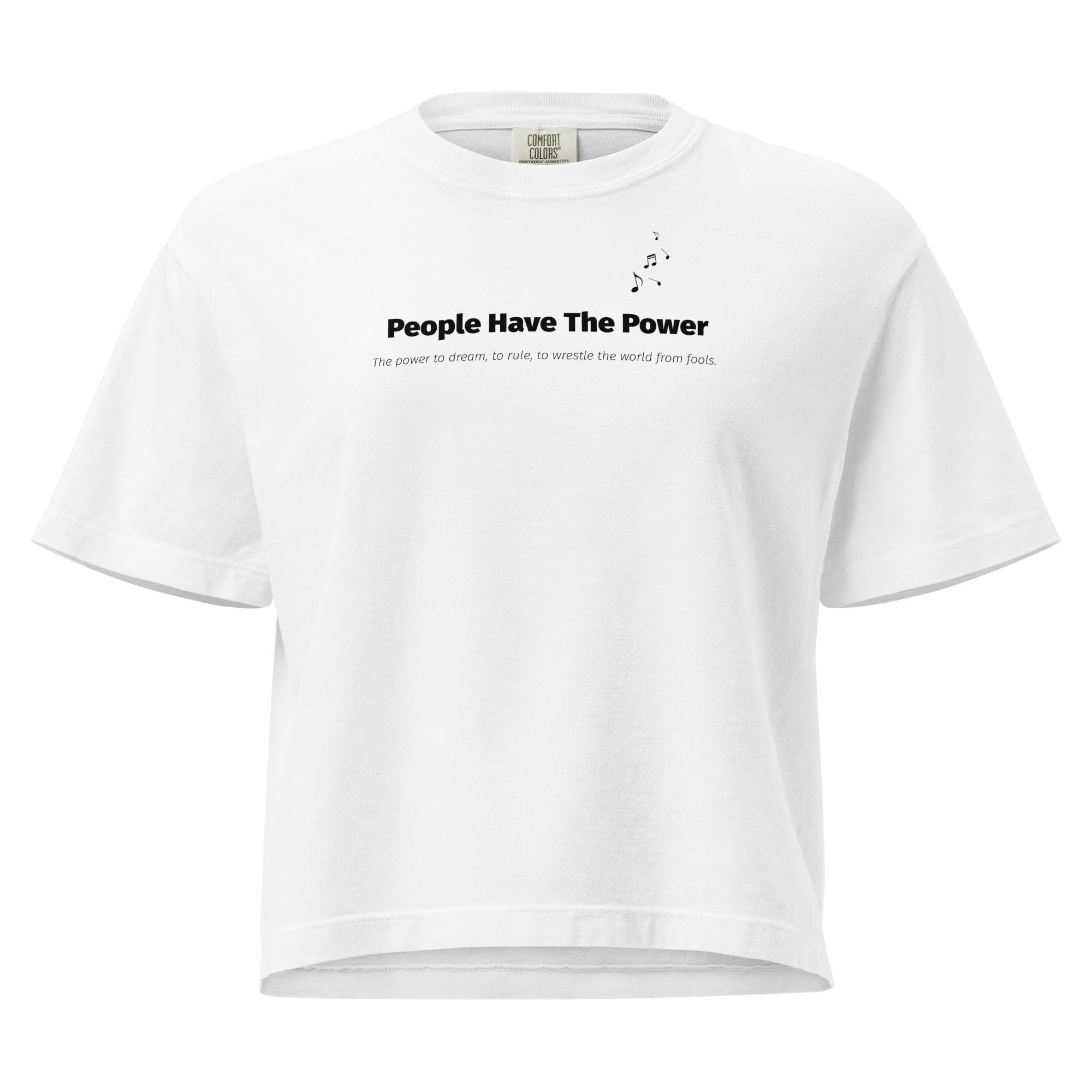 Woman wearing the People Have The Power heavyweight boxy tee with bold minimalist typography on premium garment-dyed cotton.